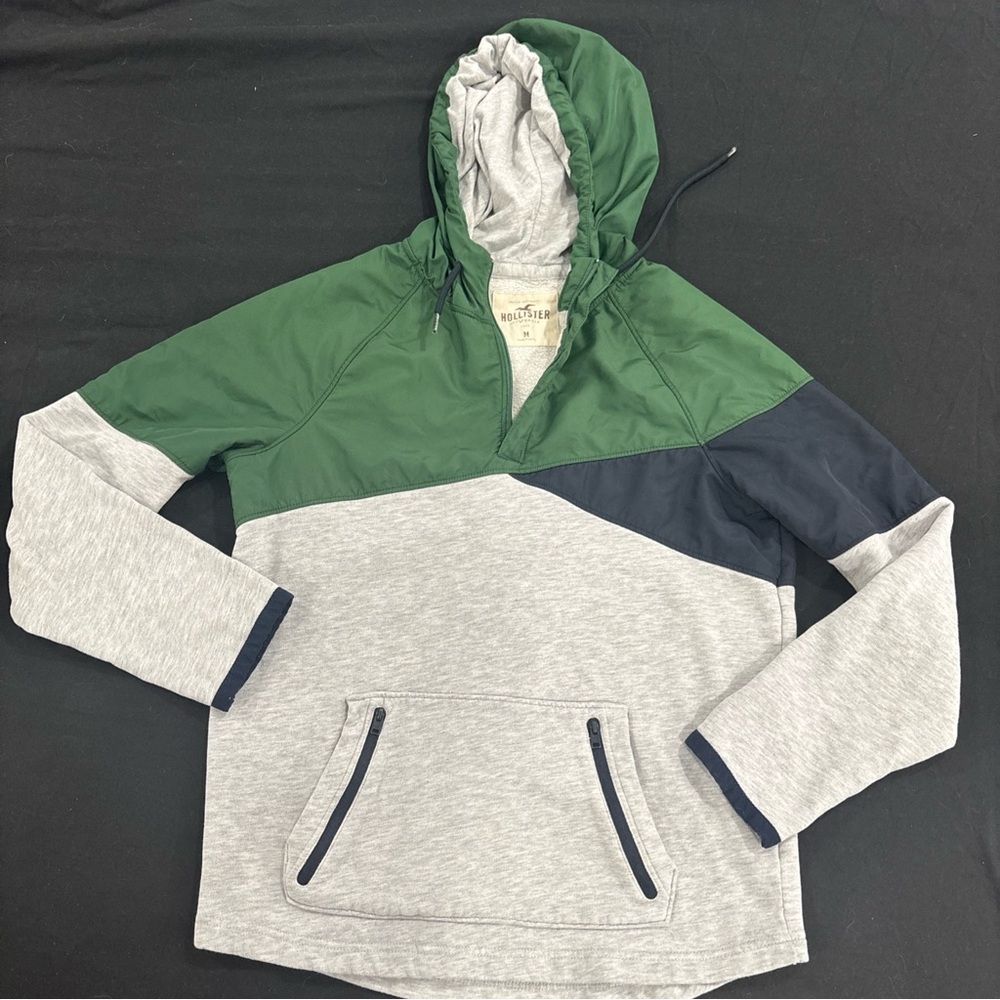 Hollister M Green Navy Gray Lined Hooded Jacket windbreaker sherpa layering Y2K